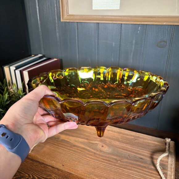 Vintage Indiana Glass Harvest Grapes Carnival Glass Footed Oval Fruit Bowl - Picture 13 of 16